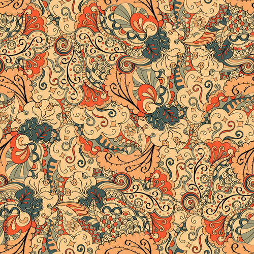 Tracery seamless calming pattern. Mehndi design. Ethnic colorful doodle texture. Curved doodling background. Vector.