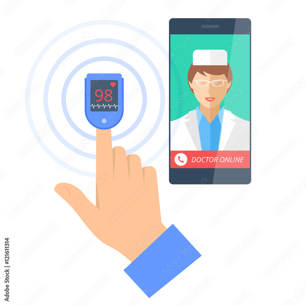 Mobile phone with doctor online and pulsometer on a finger. Mobile phone with doctor online and pulsometer on a finger.