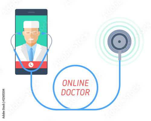 Stethoscope on a mobile phone with doctor on the screen.