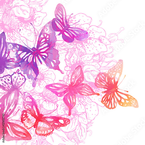 Amazing background with butterflies and flowers painted with wat