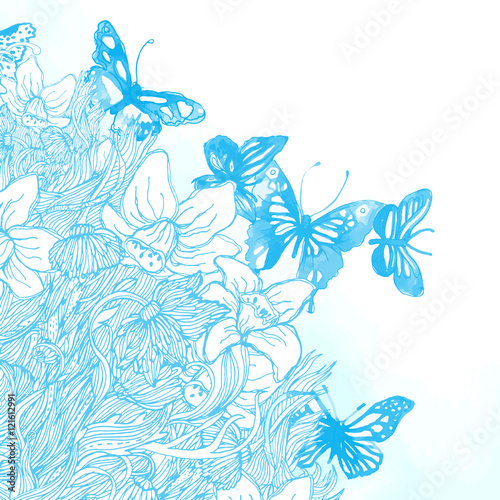 Amazing background with butterflies and flowers painted with wat