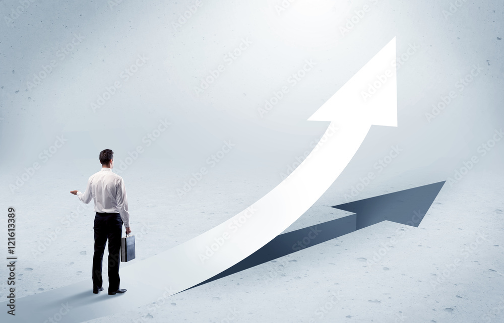 Arrow pointing up with standing salesman Arrow pointing up with standing salesman