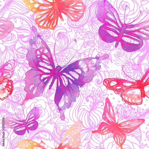 Amazing background with butterflies and flowers. seamless patter