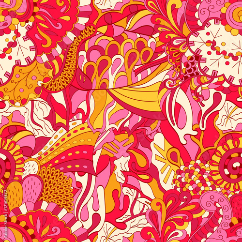 Tracery seamless calming pattern. Mehndi design. Ethnic colorful doodle texture. Curved doodling background. Vector.
