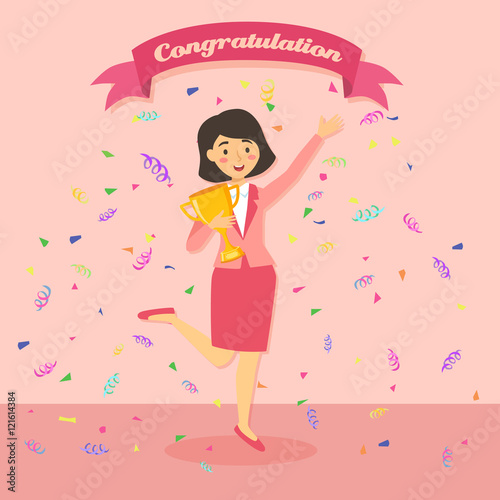 Vector illustration of business woman holding winner trophy in confetti pink background.