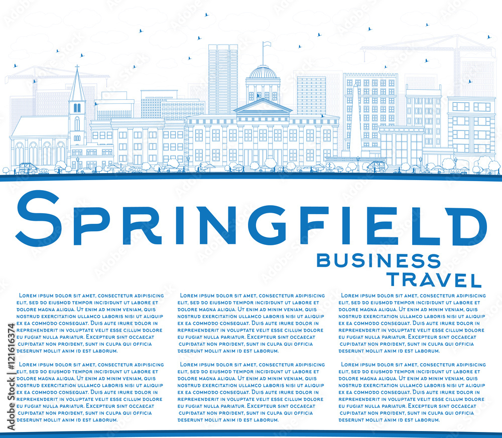Outline Springfield Skyline with Blue Buildings and Copy Space.