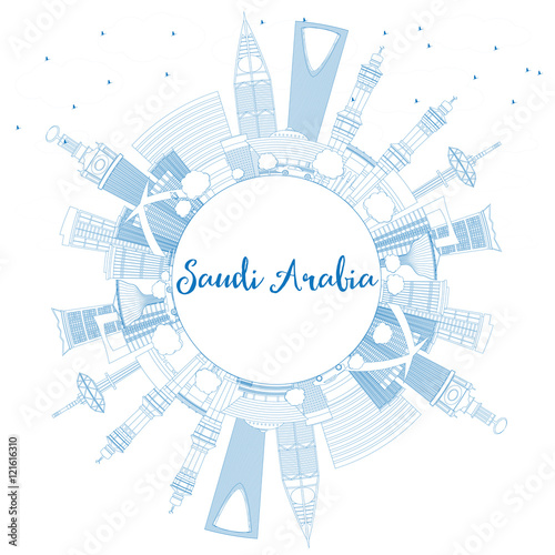 Outline Saudi Arabia Skyline with Blue Landmarks and Copy Space.