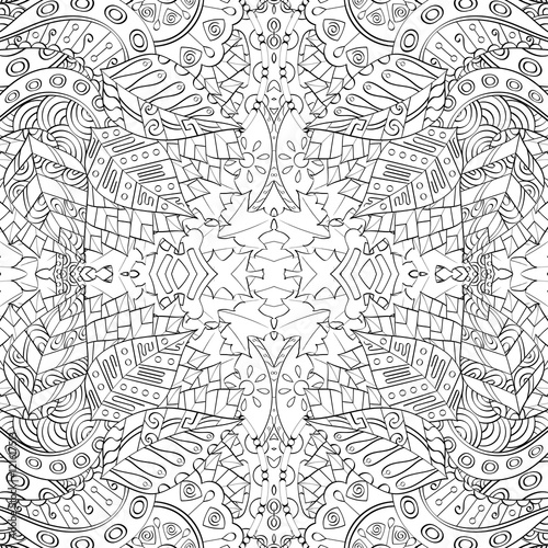 Tracery seamless calming pattern. Mehndi design. Ethnic monochrome binary doodle texture. Curved doodling black and white background. Vector.
