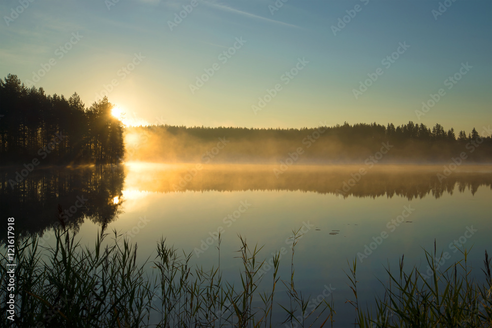 Sunrise on forest lake on a summer morning. Finland