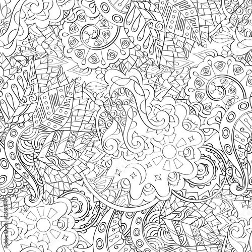 Tracery seamless calming pattern. Mehndi design. Ethnic monochrome binary doodle texture. Curved doodling black and white background. Vector.