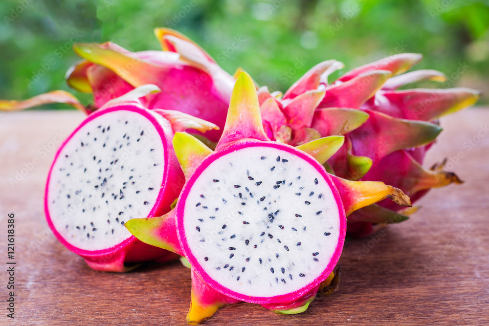 Dragon fruit. Vivid and Vibrant Dragon Fruit on green bokeh back