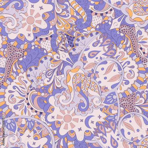 Tracery seamless calming pattern. Mehndi design. Ethnic colorful doodle texture. Curved doodling background. Vector.