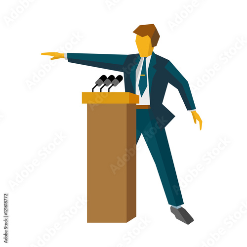 Speaker at podium. Man in suit standing at rostrum with microphones. Business concept -  press conference, presentation, report. Flat design vector illustration, isolated on white background