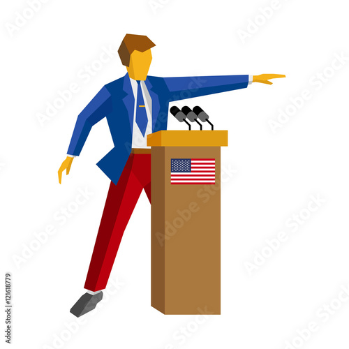 Speaker at podium. Man in red and blue suit standing at rostrum with USA flag. Press conference of candidate, debate, interview. Flat design vector illustration, isolated on white background
