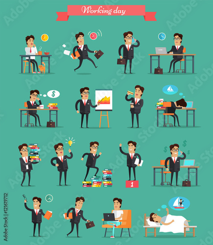 Working Day in Office Characters Vector Set.