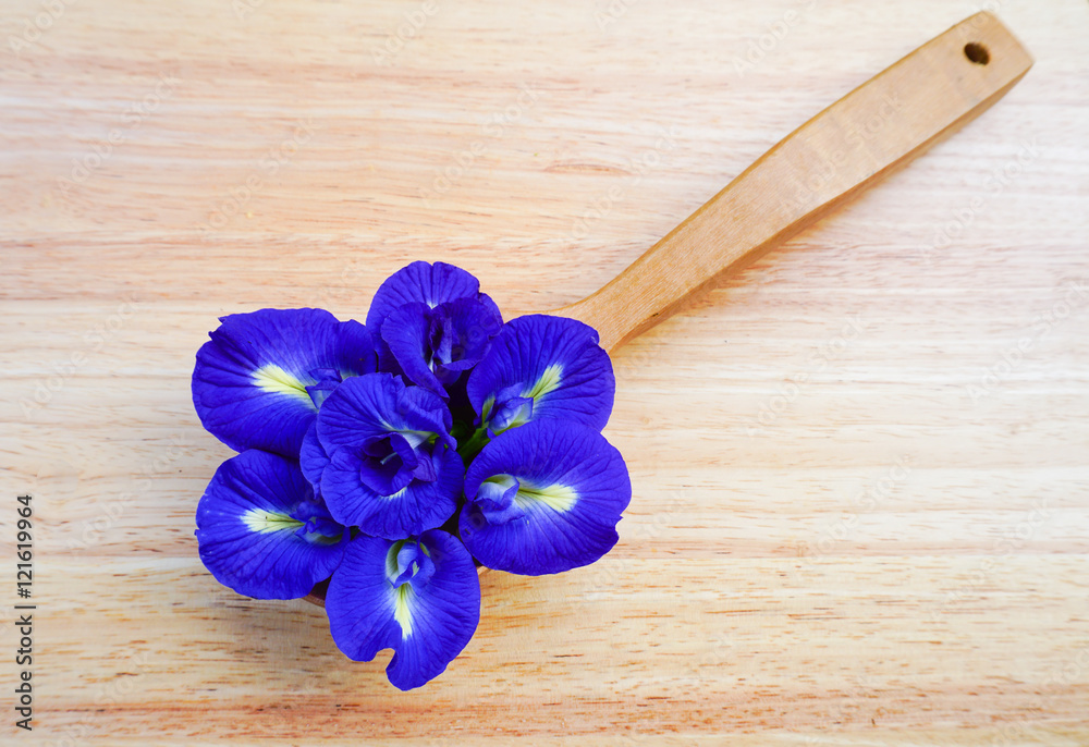 Pea flowers healthy drink in wooden spoon Pea flowers healthy drink in wooden spoon