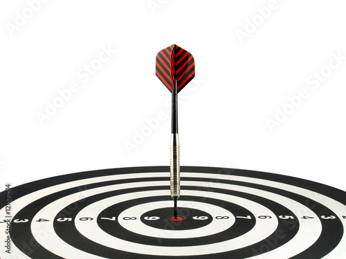 Bilde på lerret red stripes dart arrow hitting on bullseye target isolated on white, aiming to a