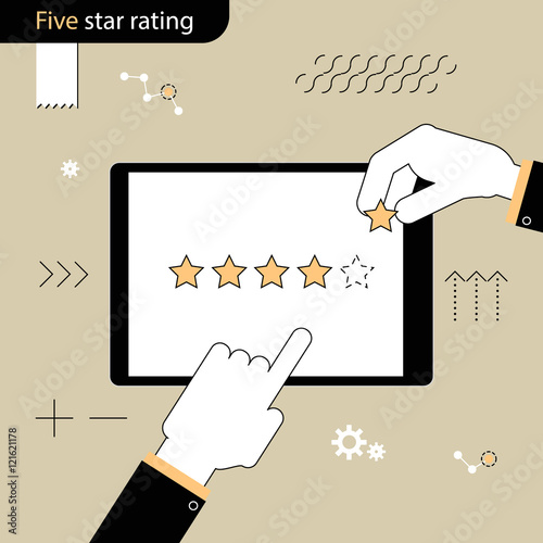 Five Star rating . Hand pointing a finger at the rating stars. Hand adds a fifth star in the rating . Linear flat design