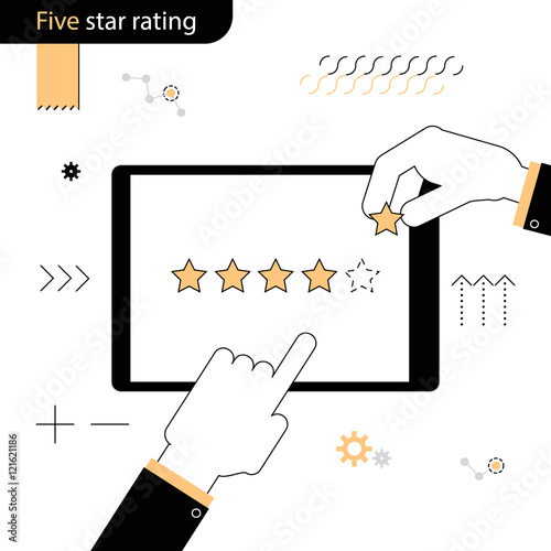 Five Star rating . Hand pointing a finger at the rating stars. Hand adds a fifth star in the rating . Linear flat design on a white background