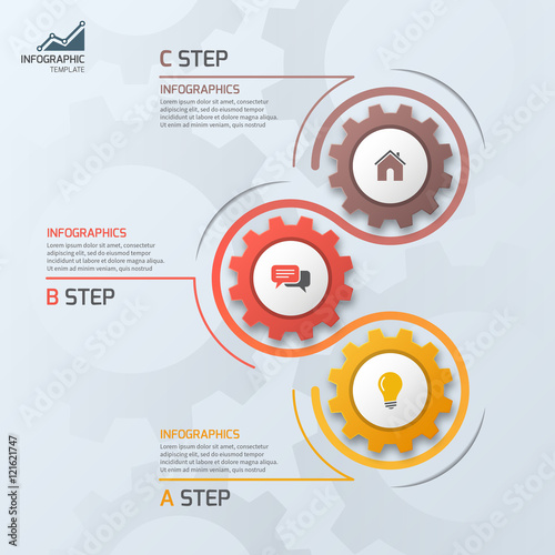 Timeline business infographic template with gears cogwheels 3 steps, processes, parts, options. Vector illustration.