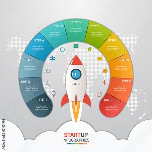 11 steps startup circle infographic template with rocket. Business concept. Vector illustration.