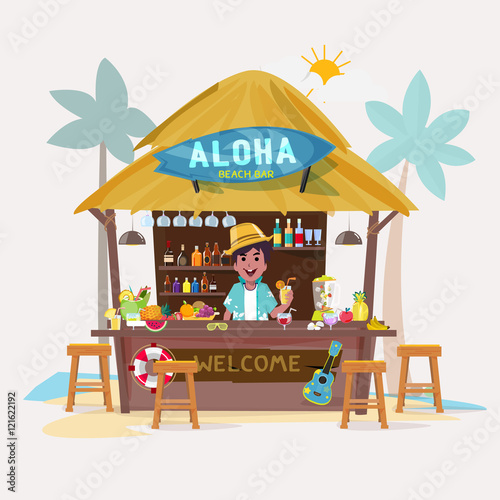 beach bar with bartender character. cafe-bar bungalows on the be