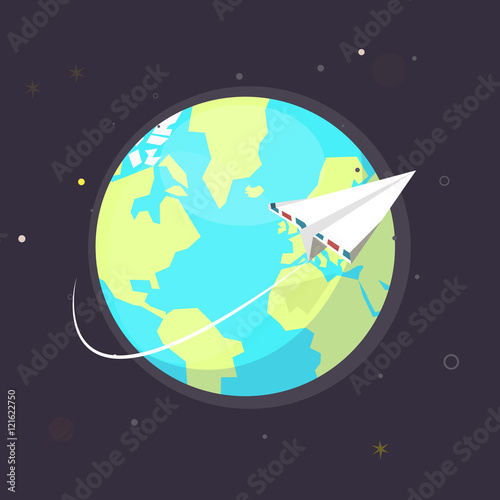 planet with flying paper plane - vector