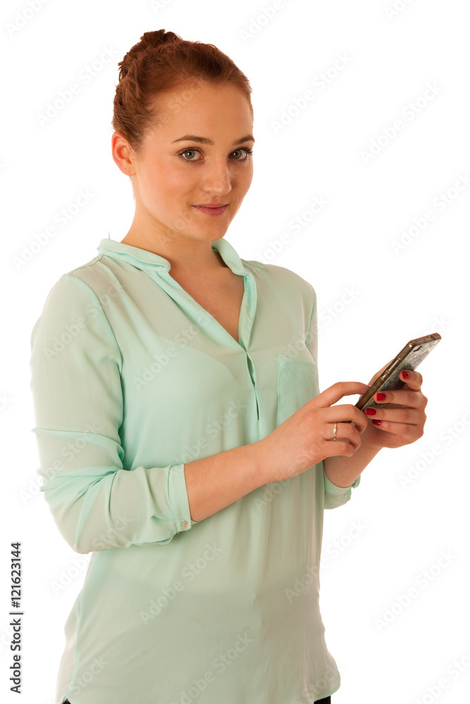 business woman showing a message on a screen of a smart phone is business woman showing a message on a screen of a smart phone is
