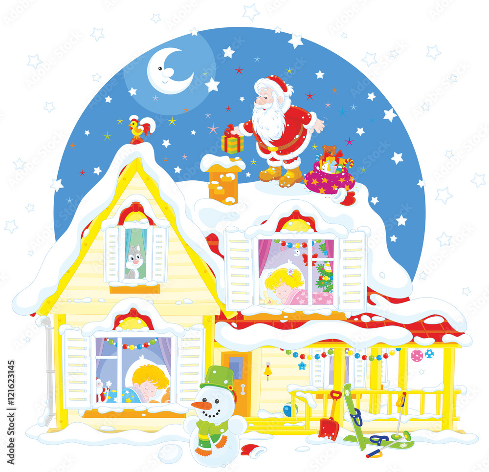 The night before Christmas, Santa Claus on the snow covered housetop with his holiday gifts for little children