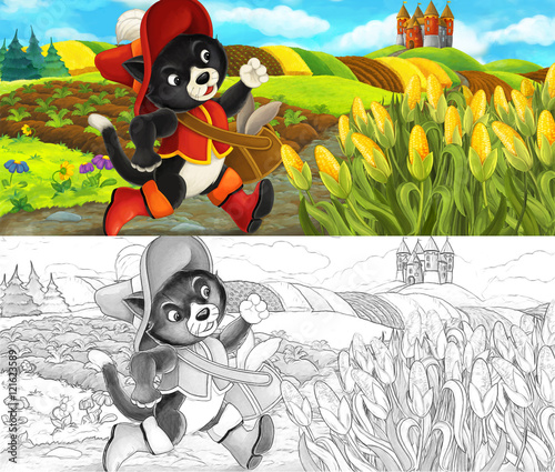 Fototapeta Naklejka Na Ścianę i Meble -  Cartoon scene - cat traveling to the castle on the hill - with coloring page - illustration for children