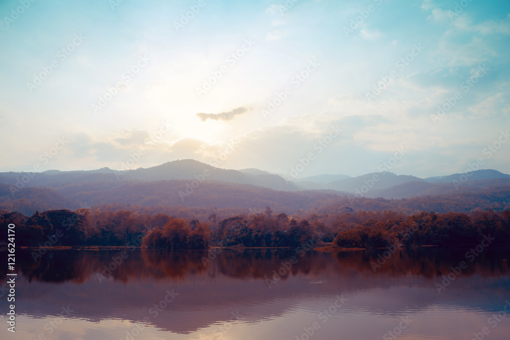 Landscape of lake mountains in autumn - vintage styles.