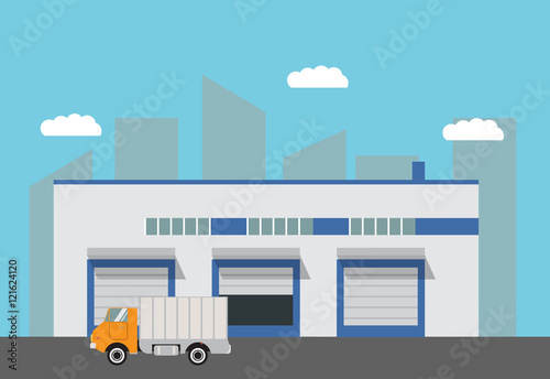 Vector isometric warehouse building flat trucks and the road.design elements for infographic,engineering and warehouse firms, companies on cargo delivery. For booklets,leaflets,banners on the websites