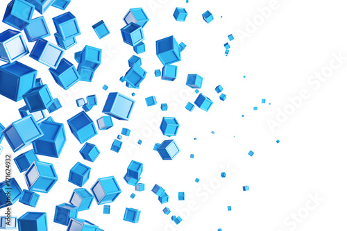 Abstract background made of blue flying boxes isolated over white bg. Copy space. 3d rendering.