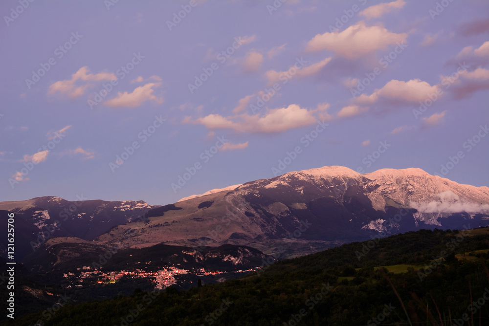 Sunset on Majella mountain and Caramanico village in abruzzo (It