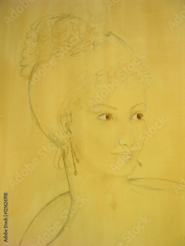 'The Night of the Ball' Pencil sketch on sepia background of glamorous woman dressed for night out