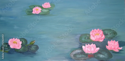 'Water-lilies' Oil painting of lily pond in Monet style with hidden goldfish