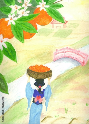 'Orange Harvest' watercolour painting of woman with basket of oranges. Oriental landscape.