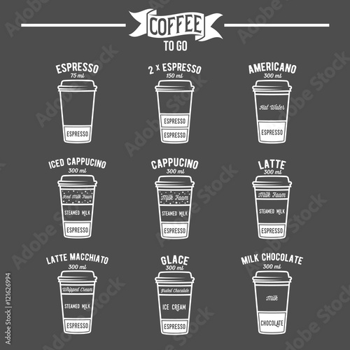 Hot coffee to go drinks recipes icons set