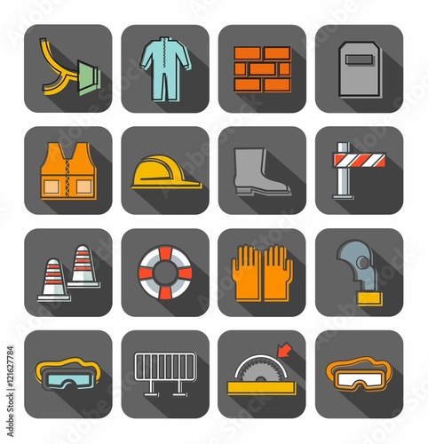 Occupational safety, badges, contour, color, gray background. Vector flat icons with protective clothing and items of human security. Color linear image on a gray background with shadow. 
