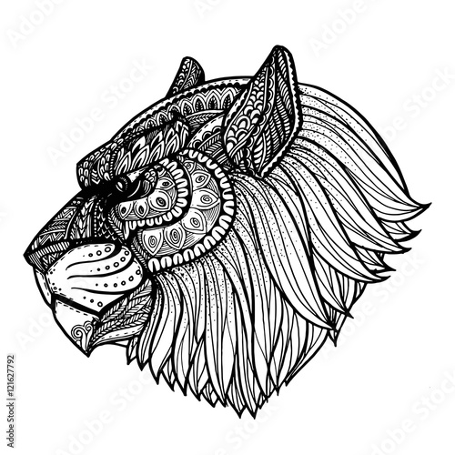 Vector hand drawn Tiger face. Black and white zentangle art. Eth