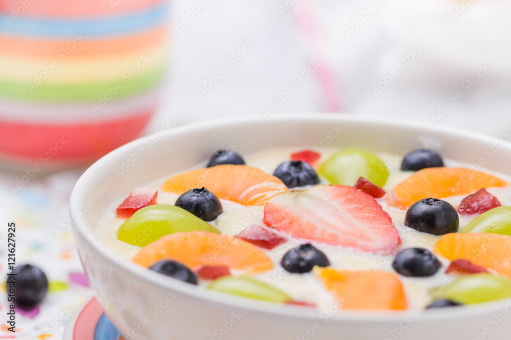 Delicious milky vanilla pudding colorful fruit Delicious milky vanilla pudding colorful fruit