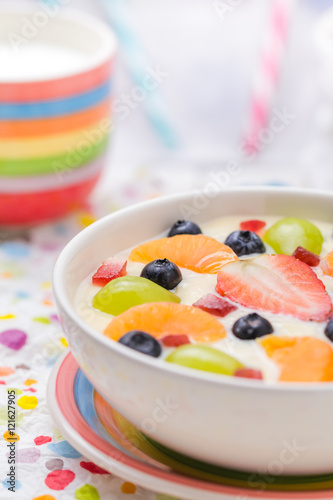 Delicious milky vanilla pudding colorful fruit