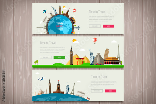 Travel composition with famous world landmarks. Travel and Tourism. Concept website template. Vector. Modern flat design.