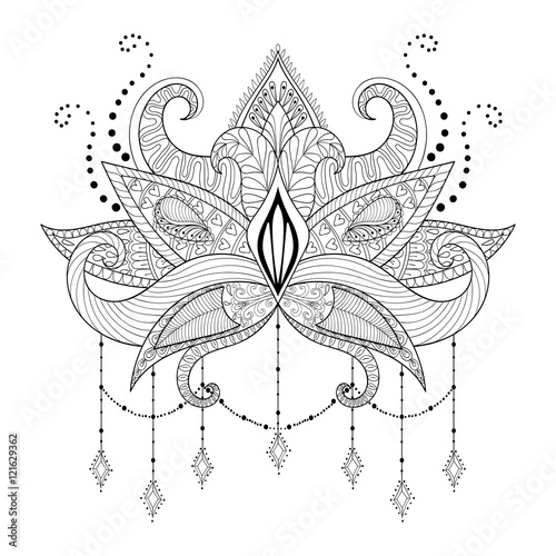 Boho doodle Lotus flower, blackwork tattoo design, Indian paisle