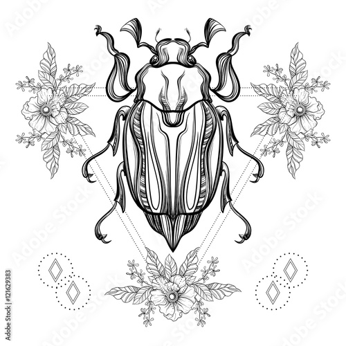 Boho tattoo. Blackwork Scarab beetle, May bug in hipster triangl