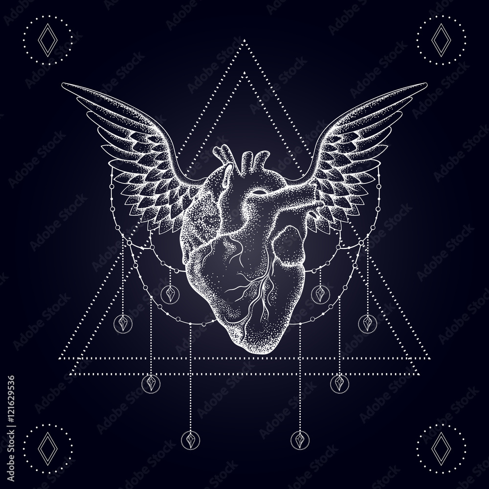 Heart with wings, boho blackwork, dotwork tattoo. Bohemian vecto