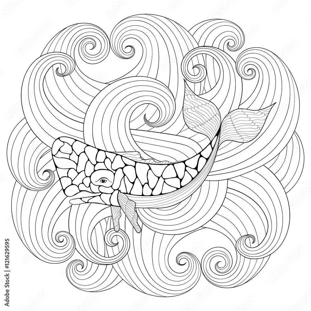 Obraz premium Sperm Whale in waves, zentangle style. Freehand sketch for adult