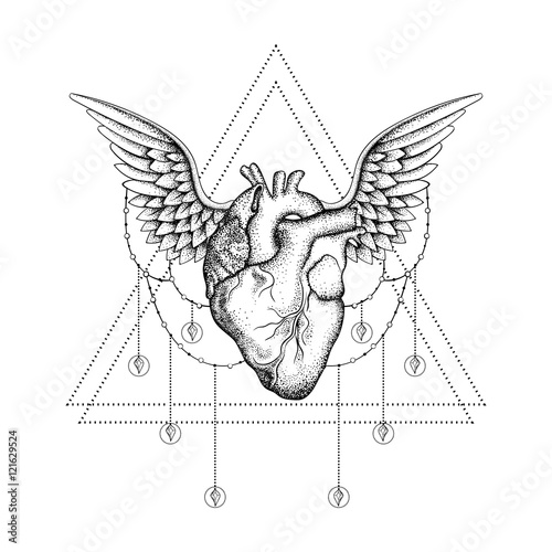 Hand drawn boho tattoo. Blackwork heart with wings in hipster tr