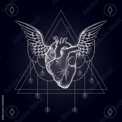 Heart with wings, boho blackwork, dotwork tattoo. Bohemian vecto