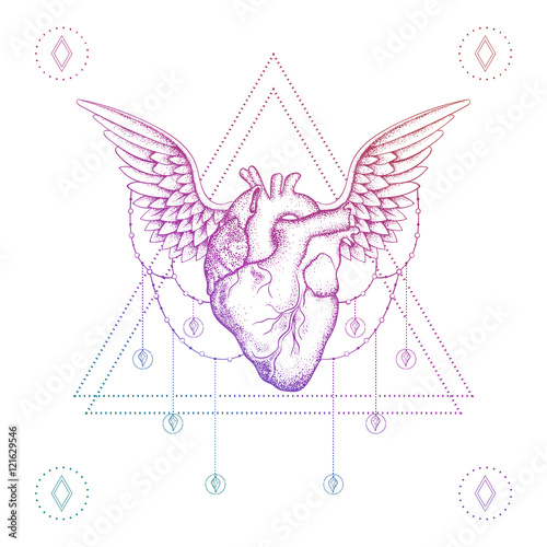 Heart with wings, boho color dotwork tattoo. Bohemian vector ill